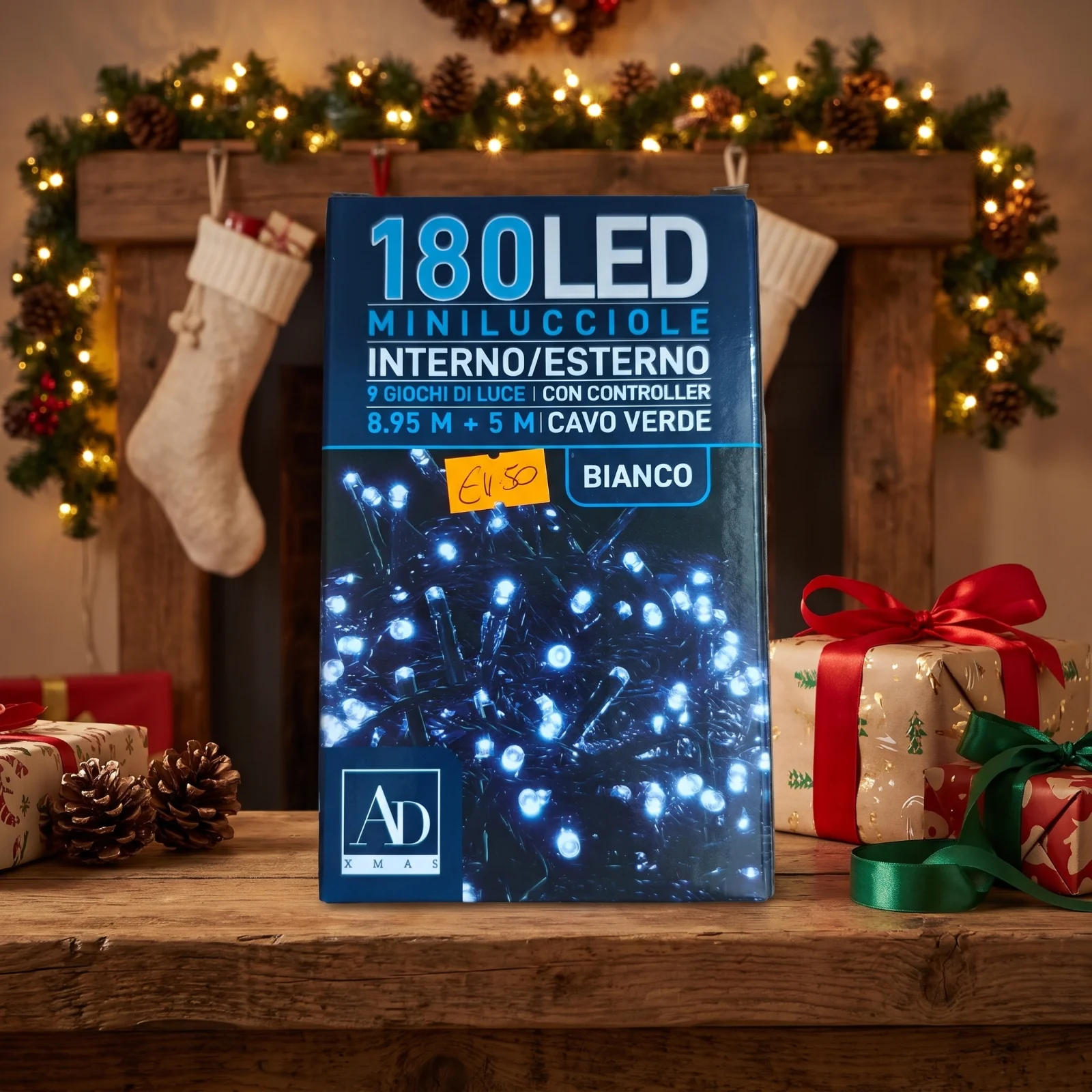 White LED Christmas Lights, 180 LED Bulbs, Indoor & Outdoor Use
