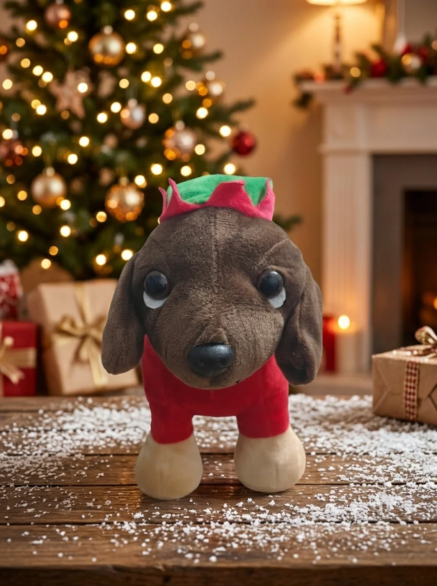 Christmas Puppy Plush Toy, Brown Dog with Elf Hat