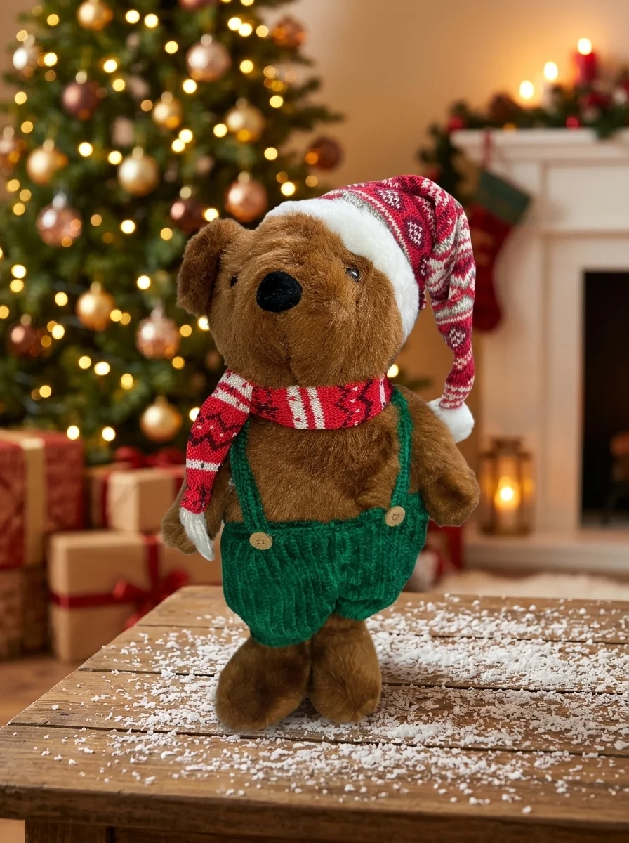 Christmas Bear in Nordic Hat & Green Knitted Dungarees