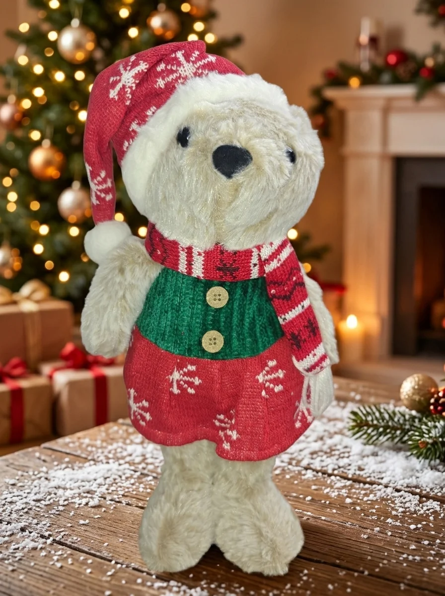 Christmas Girl Bear in Red Snowflake Dress, Standing Decoration