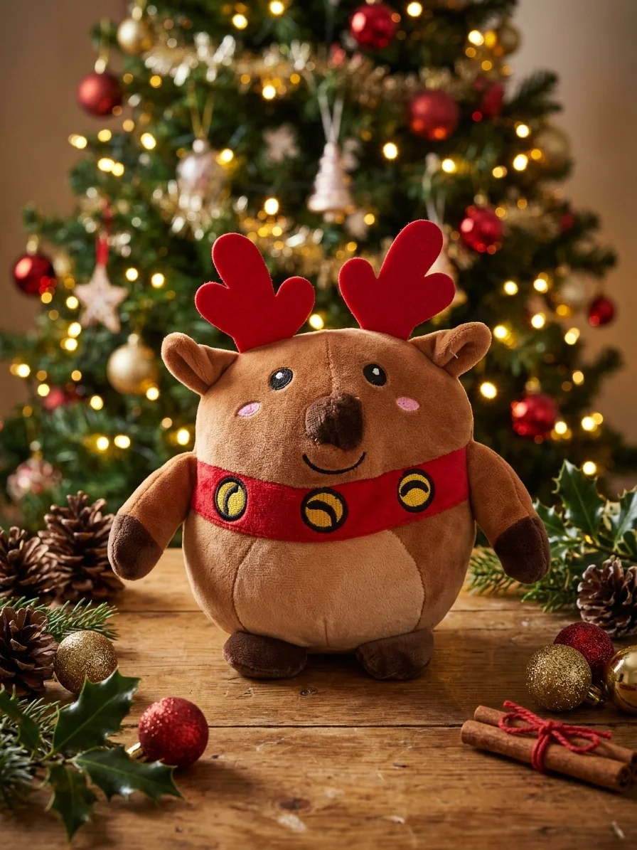 Cuddly Round Reindeer Plush with Red Antlers