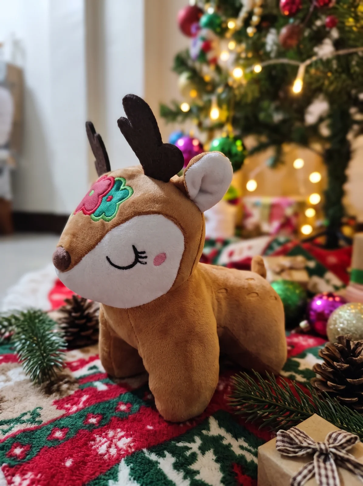 Cute Sleepy Reindeer Plush Toy, Felt Antlers