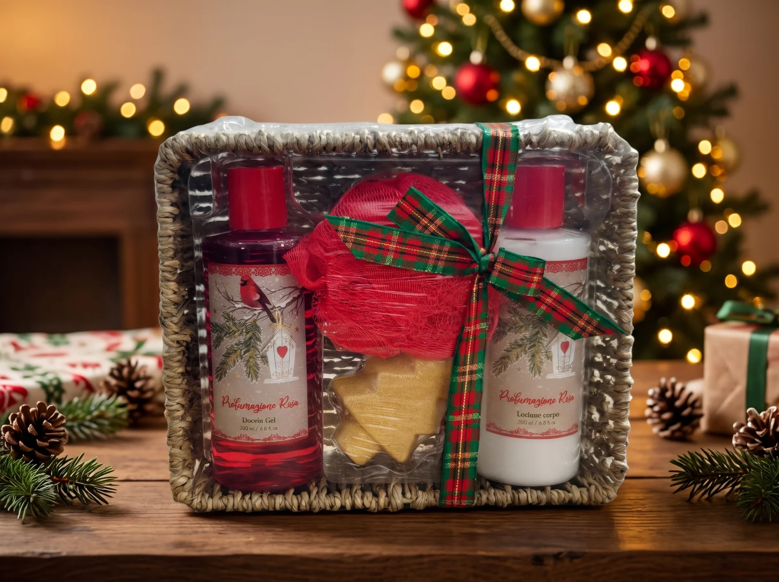 Christmas Rose Bath Gift Basket: Shower Gel, Body Lotion & Sponges