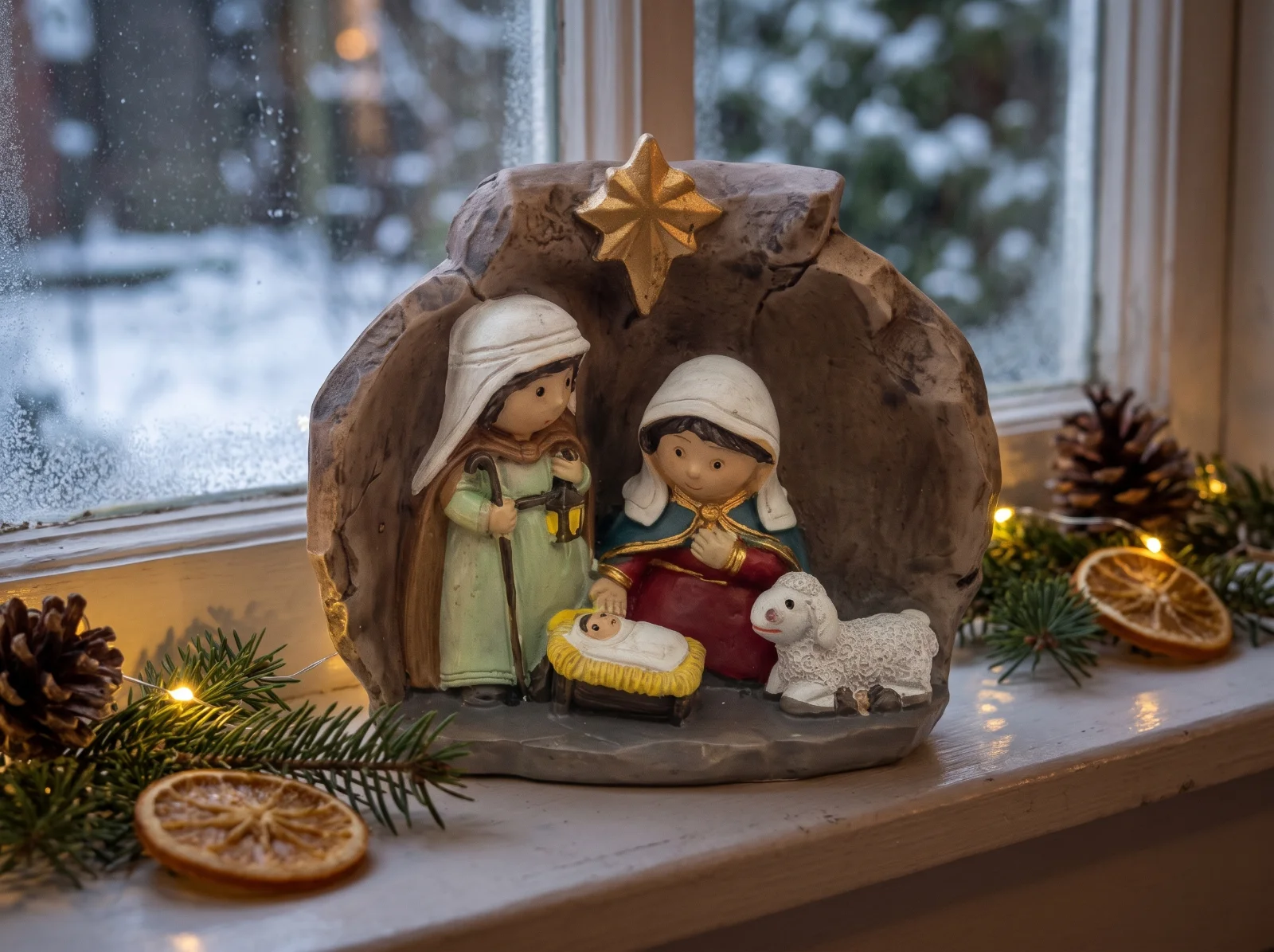 Small Holy Family Crib with Lamb (Presepju), 7.5cm